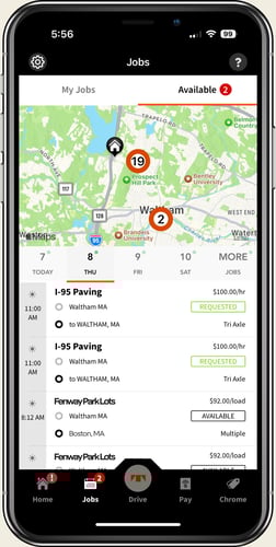 The Trux Drive mobile app's "Available Jobs" screen showing available trucking jobs for I-95 Paving and Fenway Park Lots in Waltham, MA. Displays job dates, times, rates, and truck types. The map shows job locations, and the status for each job is marked as "Requested" or "Available."