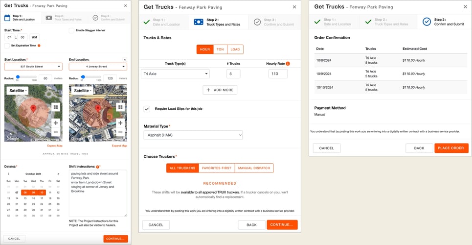 Screenshot of Trux "Get Trucks" screen for a Fenway Park paving project. Shows steps for booking trucks, including setting start location, end location, material type, number of trucks, rates, and shift instructions. Confirmation screen displays tri-axle trucks and estimated costs.