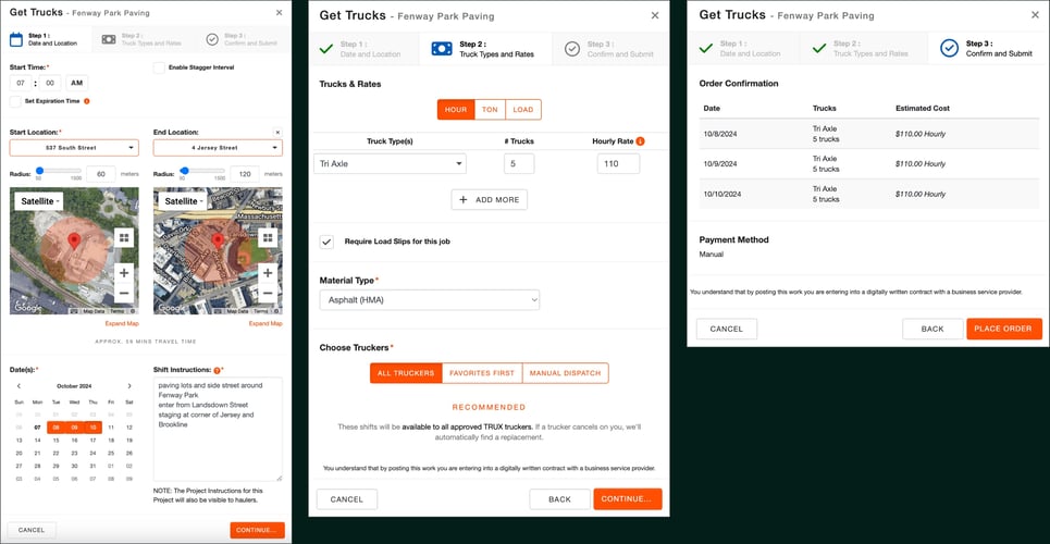 Screenshot of Trux "Get Trucks" screen for a Fenway Park paving project. Shows steps for booking trucks, including setting start location, end location, material type, number of trucks, rates, and shift instructions. Confirmation screen displays tri-axle trucks and estimated costs.