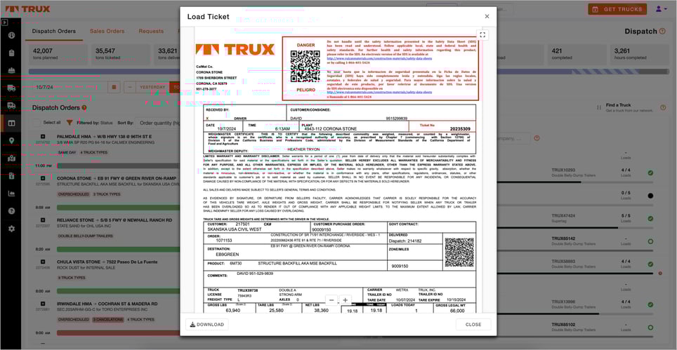 Screenshot of a Trux "E-Ticket" showing detailed delivery information. Includes date, time, plant location, driver details, material type, gross and net weights, and customer information. Load ticket is downloadable, and order progress is tracked on the dashboard.